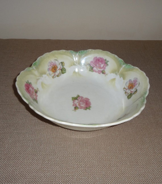 Old Vintage Serving Bowl Marked Germany Green Edging Pink
