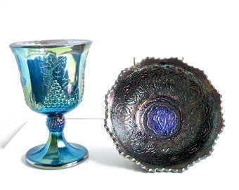 Lot Vintage Blue Carnival Glass x2 • Fenton Persian Medallion BOWL • Indiana Glass GOBLET • Iridescent Pressed Glass