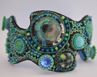 Bead Embroidery Bracelet Cuff, Lampwork Bracelet Cuff, Seed Bead Bracelet Cuff, Handmade, OOAK