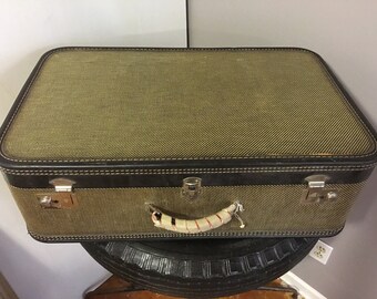 Vintage Mid Century Leather Banded Herringboned Hard Sided Large Suitcase