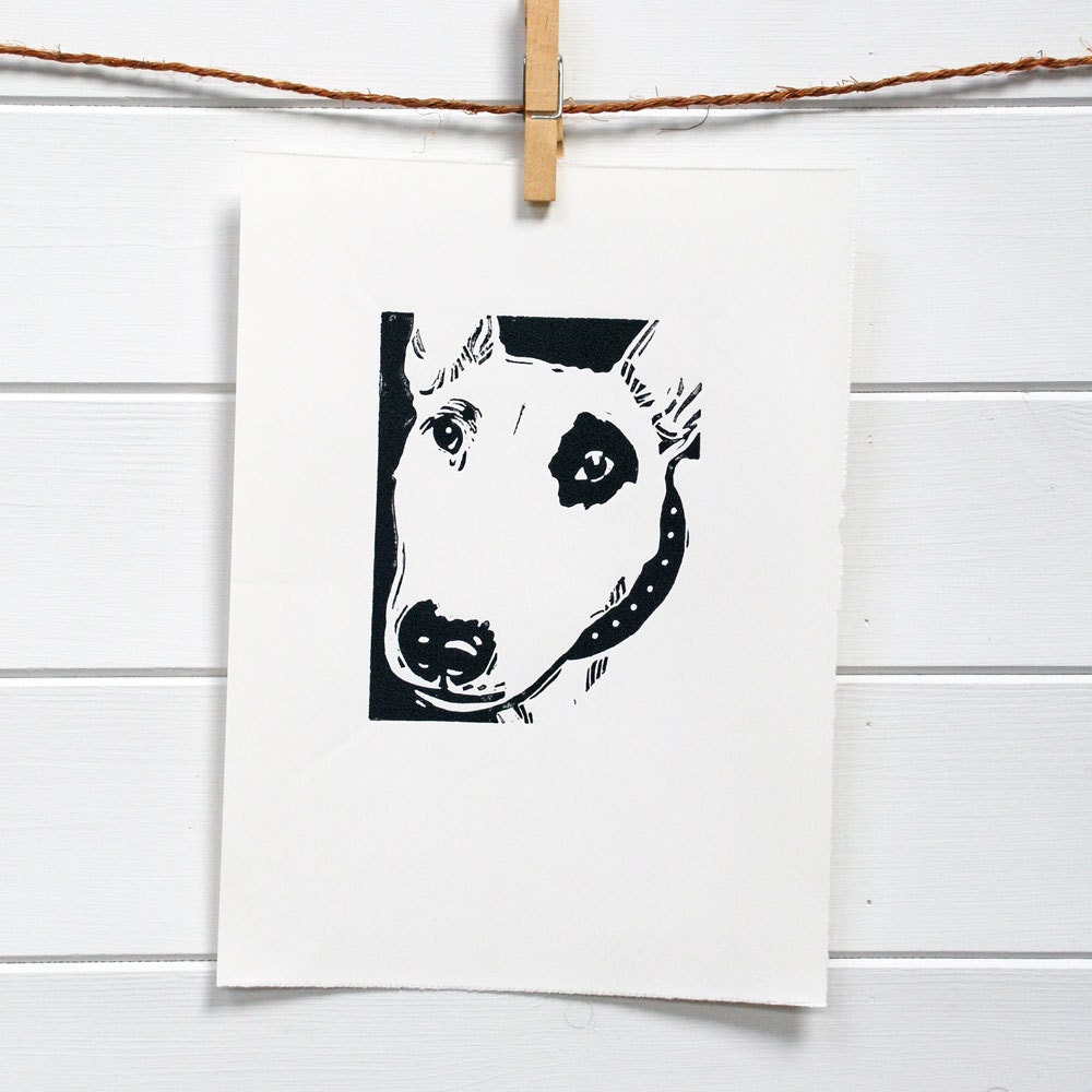 Bull Terrier Dog Linocut Original Hand Pulled Relief Print