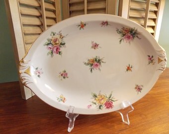 Platter - Vintage Oval CHINA SERVING PLATE, Meito China - Empire Shape - Ivory China Platter, Garden Rose Pattern