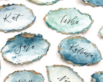 Custom Handmade Paper Watercolor Modern Calligraphy Agate Gold Place Name Escort Cards Wedding
