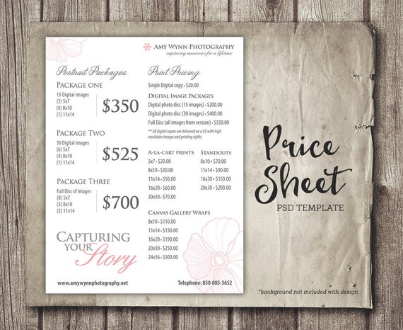 Photography Price Sheet Package Pricing Photographer Price