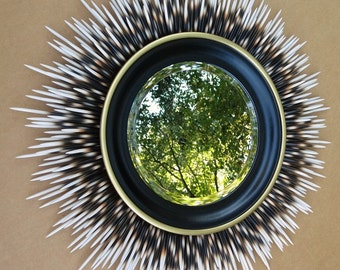 24 inch "Porcupine Quill" Mirror: Ivory Tip with Black Frame and Gold Accent Border