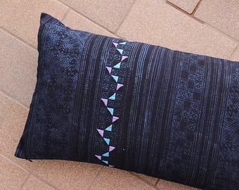 Boho Vintage HMONG Textile Batik Quilt Hand dyed Embroidered Ethnic Textile Blue Navy Nautical Pillow Case