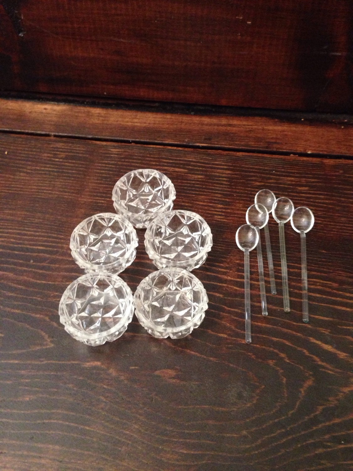 Vintage Glass Salt Cellars Set of 5 With Spoons