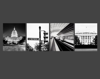Set of 4 ~ Washington DC, Art, Black and White Photography, Architectural Print, Capitol Building, White House, Metro, Independence Ave