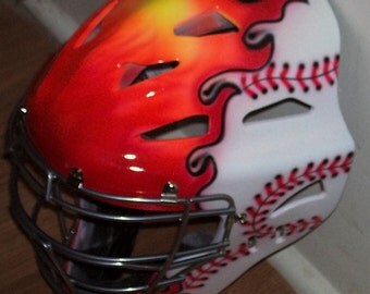 FLAMING BASEBALL Catchers Helmet, Airbrush Rawlings Youth or Adult catchers mask new