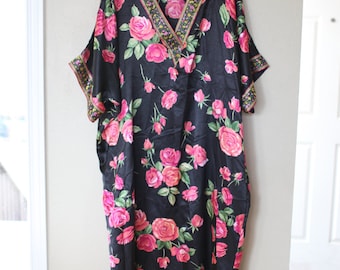 vintage black & pink rose floral tunic caftan dress