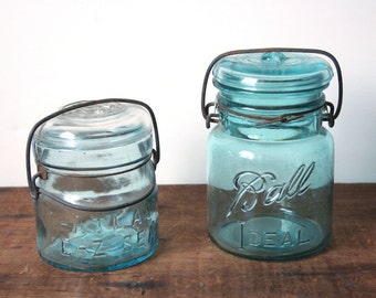 Aqua Ball jar, Atlas jar, pair of canning glass jars