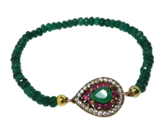 Emerald and Ruby Bracelet, Vintage Sterling Silver Beaded Stretch Bracelet
