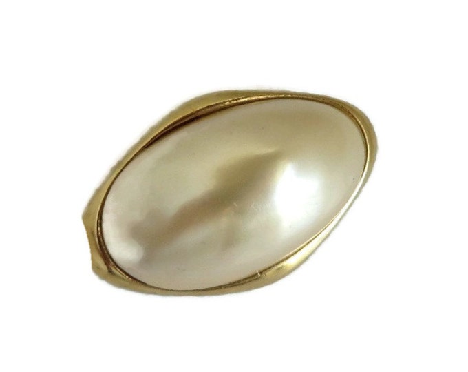 Trifari Faux Pearl Brooch, Vintage Oval Gold Tone Designer Pin