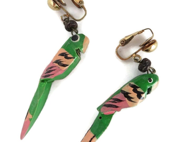 Green Parrot Earrings, Vintage Wood Parrot Dangling Clip-on Earrings