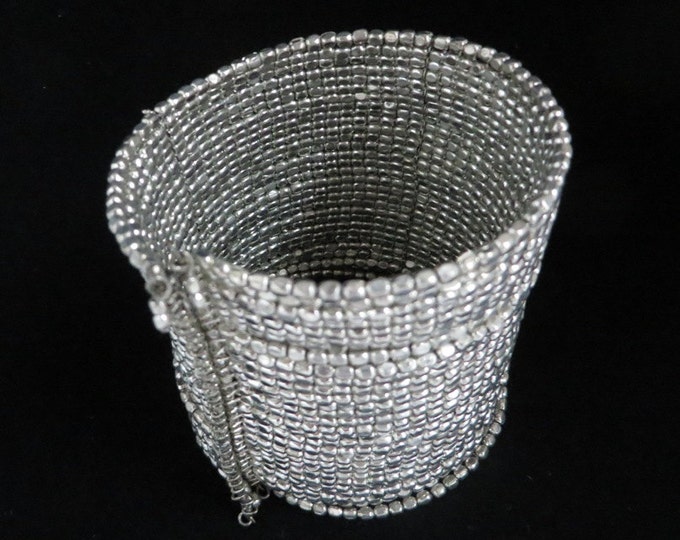 Chunky Wide Silver Tone Beaded Cuff Bracelet