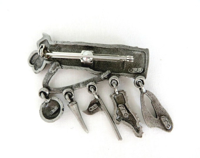 Vintage JJ Golf Bag Brooch, Pewter Pin, Dangling Golf Accessories