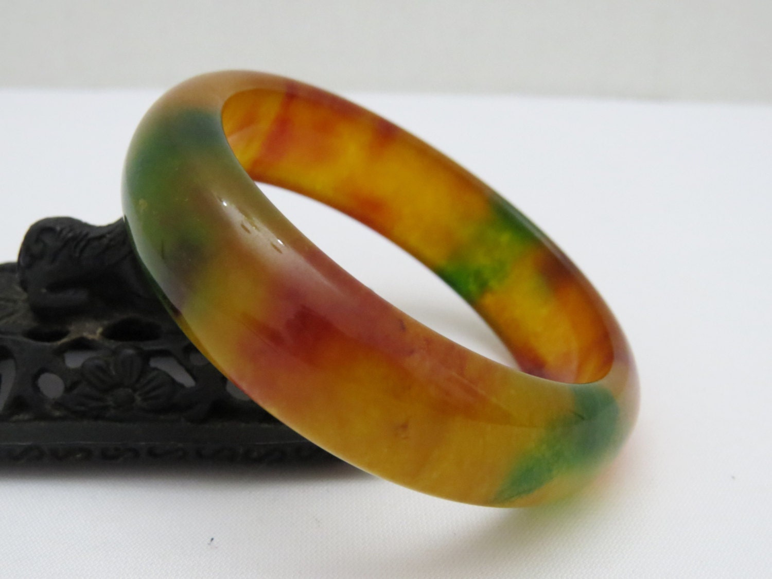 Vintage Natural Yellow Green Red Jade Jadeite Wide Bangle