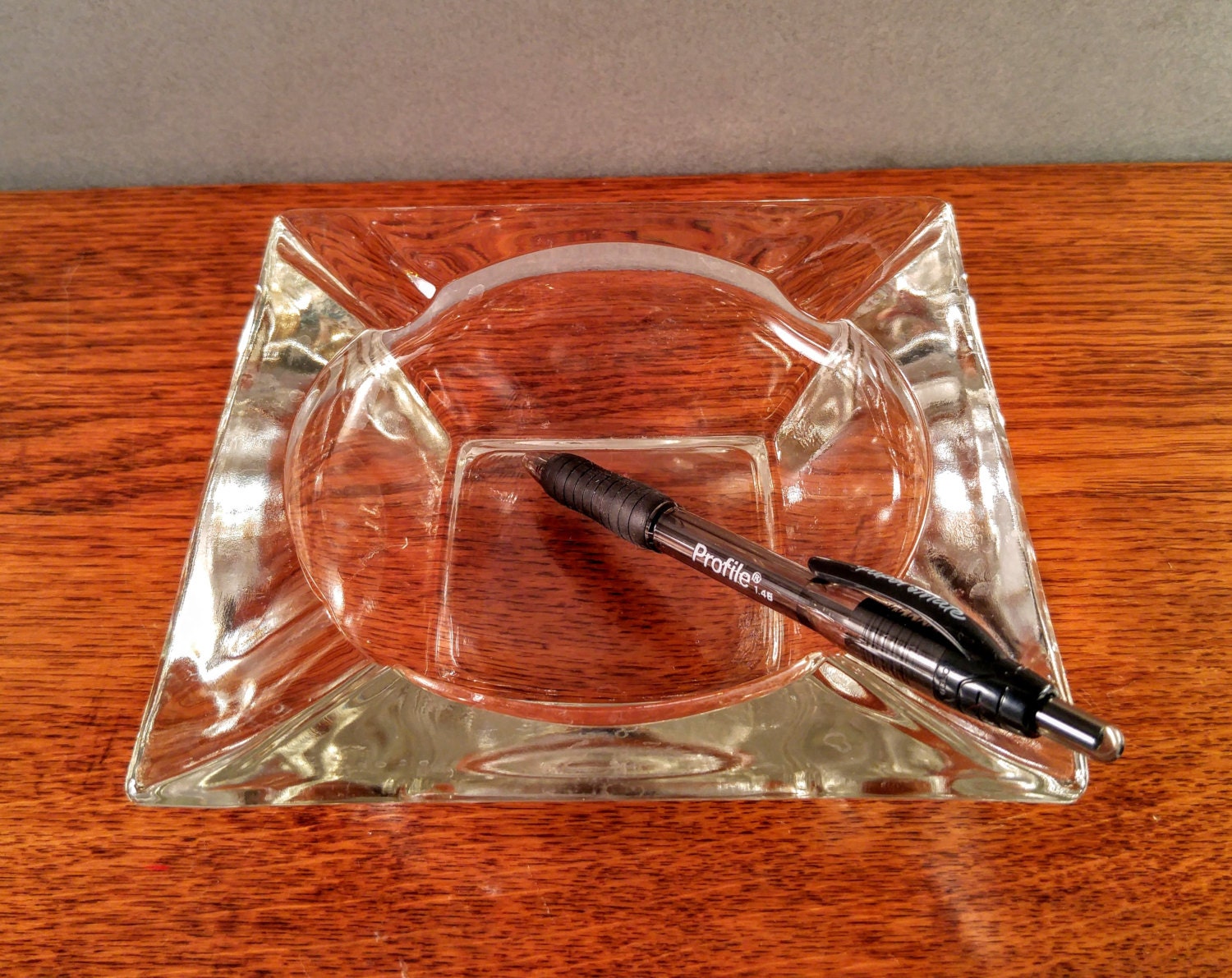 Mid Century Ashtray. Heavy Clear Glass Geometric Square