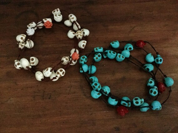 turquoise beaded skull and roses bracelet or necklace handmade