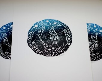 Celestial Bunnies Original Lino Print