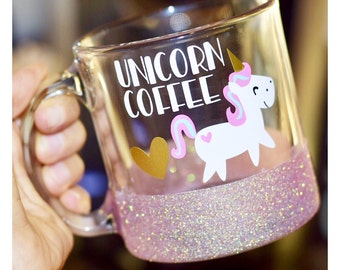Unicorn Coffee Glitter Mug // Glass Glitter Mug // Funny Unicorn Mug // Unicorn // Unicorn Mug // Pink Mug