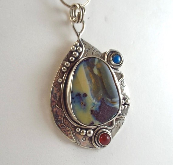 Boulder Opal Pendant in Sterling with Lapis and Carnelian