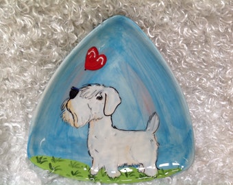 Hand Painted Dog Dish / Ceramic Dog Plate / Custom Dog bowl / Sealyham Terrier / Dog Pottery / Debby Carman / Faux Paw Productions