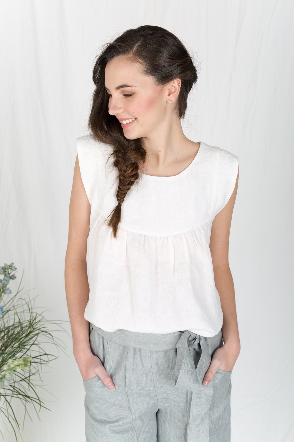 SALE Womens white linen summer top