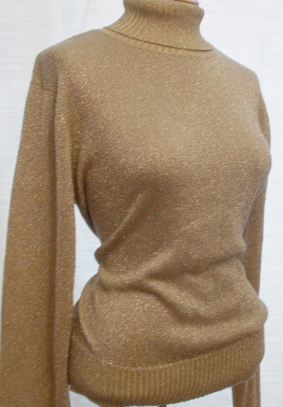 Gold Shimmer Turtleneck Sweater Sparkly Metallic Vintage Top