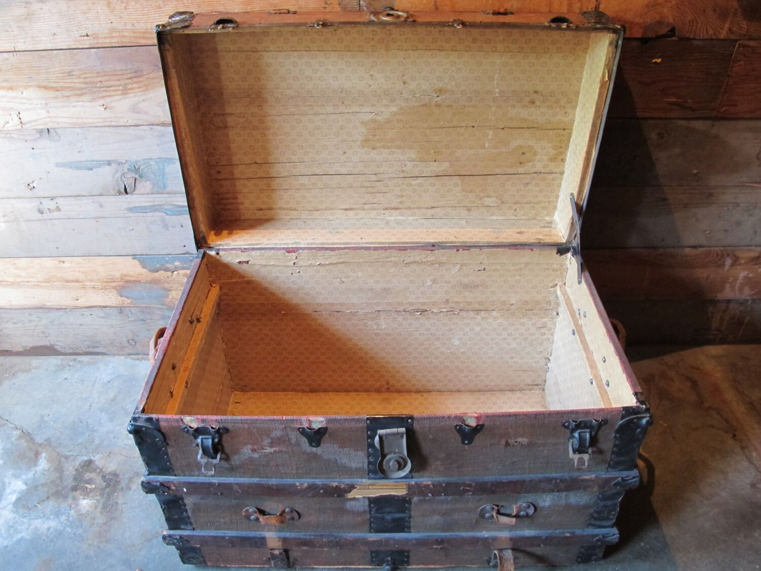 1930's Canvas Trunk With Original Leather Metal and Wood