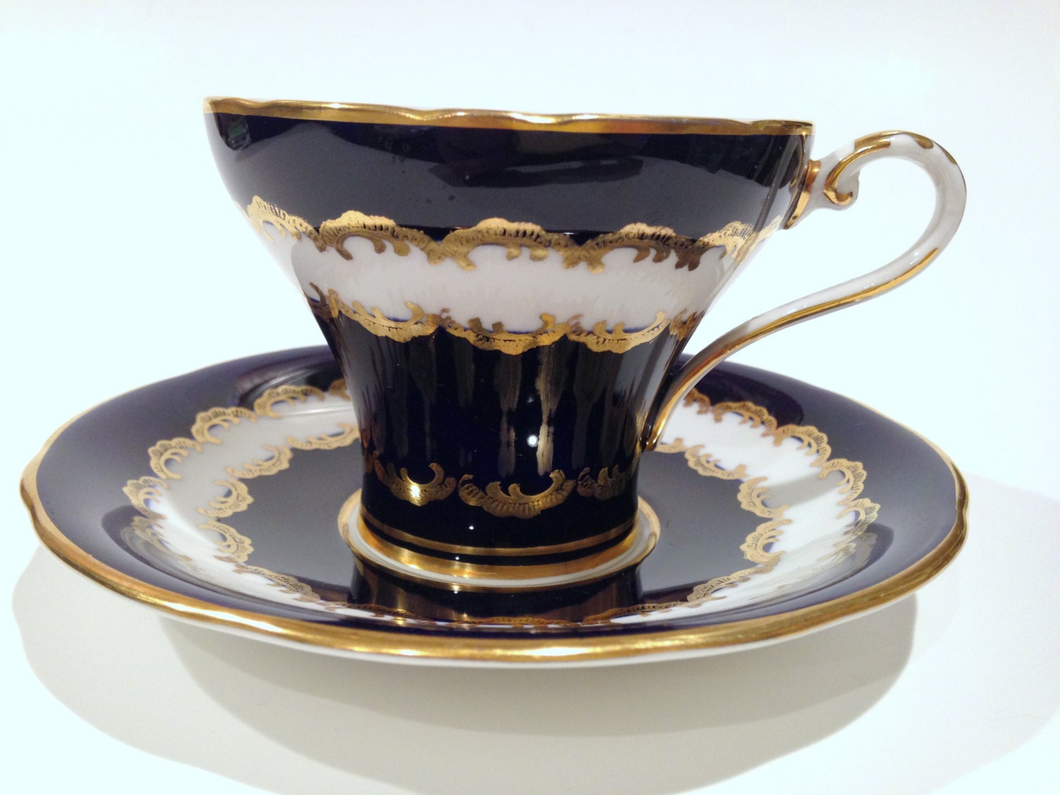 Navy Blue Aynsley Tea Cup and Saucer, English Bone China Teacups, Tea