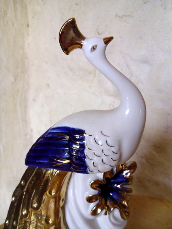Peacock figurine ceramic Stunning vintage peacock White Blue