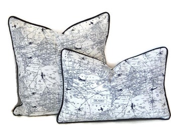 Air Traffic Navy and White Pillow Cover- Vintage Airplane Print Pillow Cover-Blue and White Pillow Cover-World Map Pillow