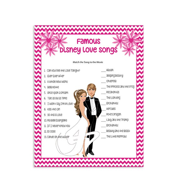 Printable Bridal Shower Game Famous Disney Love Songs