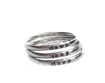 Mothers Stack Name Rings Personalized Skinny Mini Rings 2mm Polished Shiny Stainless Steel Metal Stamped Name Rings