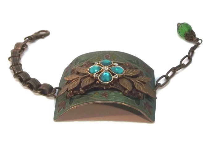 Emerald Green Vintage Victorian Style Rhinestone Adjustable Cuff Bracelet, Handmade Jewelry, OOAK, One of a Kind