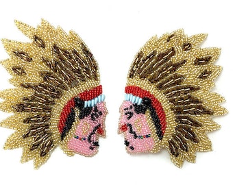 Native American Indian Chief Pair, All Beads, 5" x 4" (each side) -21199
