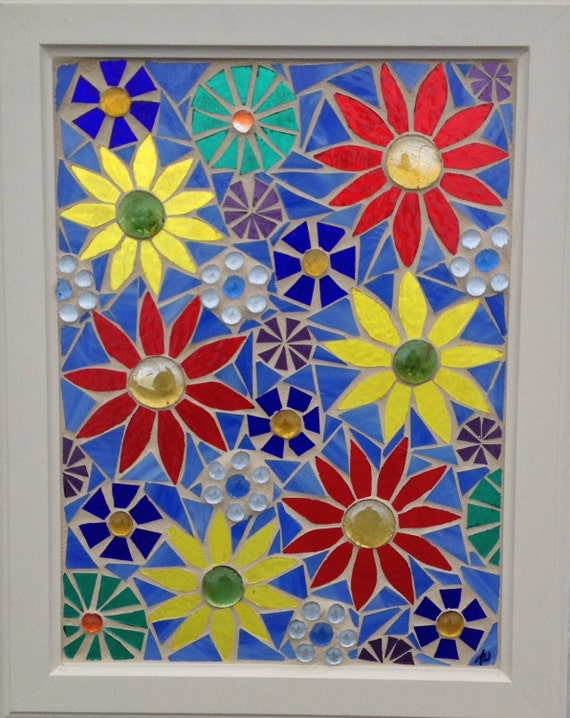 Daisy Stained Glass Mosaic Panel Colorful by NiagaraGlassMosaics
