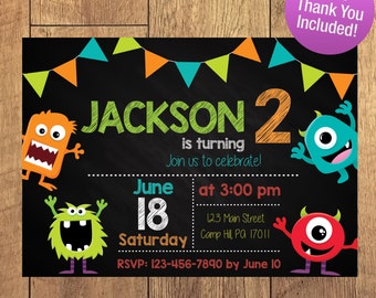 Silly Little Monsters, Birthday Party Invitation, Boy Birthday, FREE THANK YOU Included