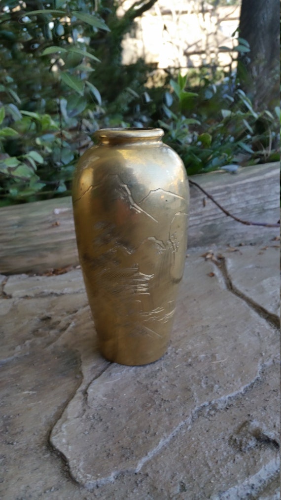 Large Vintage Engraved Brass Japanese Vase by DecadentTreasure