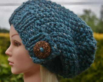 Knit Hat Womens Hat Slouchy Beanie hat with big natural coconut button- Winter hat Available in 10 colors- Womens Accessories