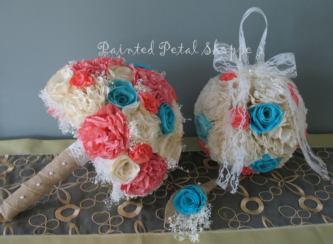 Coffee Filter Bridal Bouquet/ Teal/ Coral/ Cream/ Ivory/