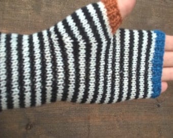 Handknitted colorful striped woollen fingerless gloves size S/M