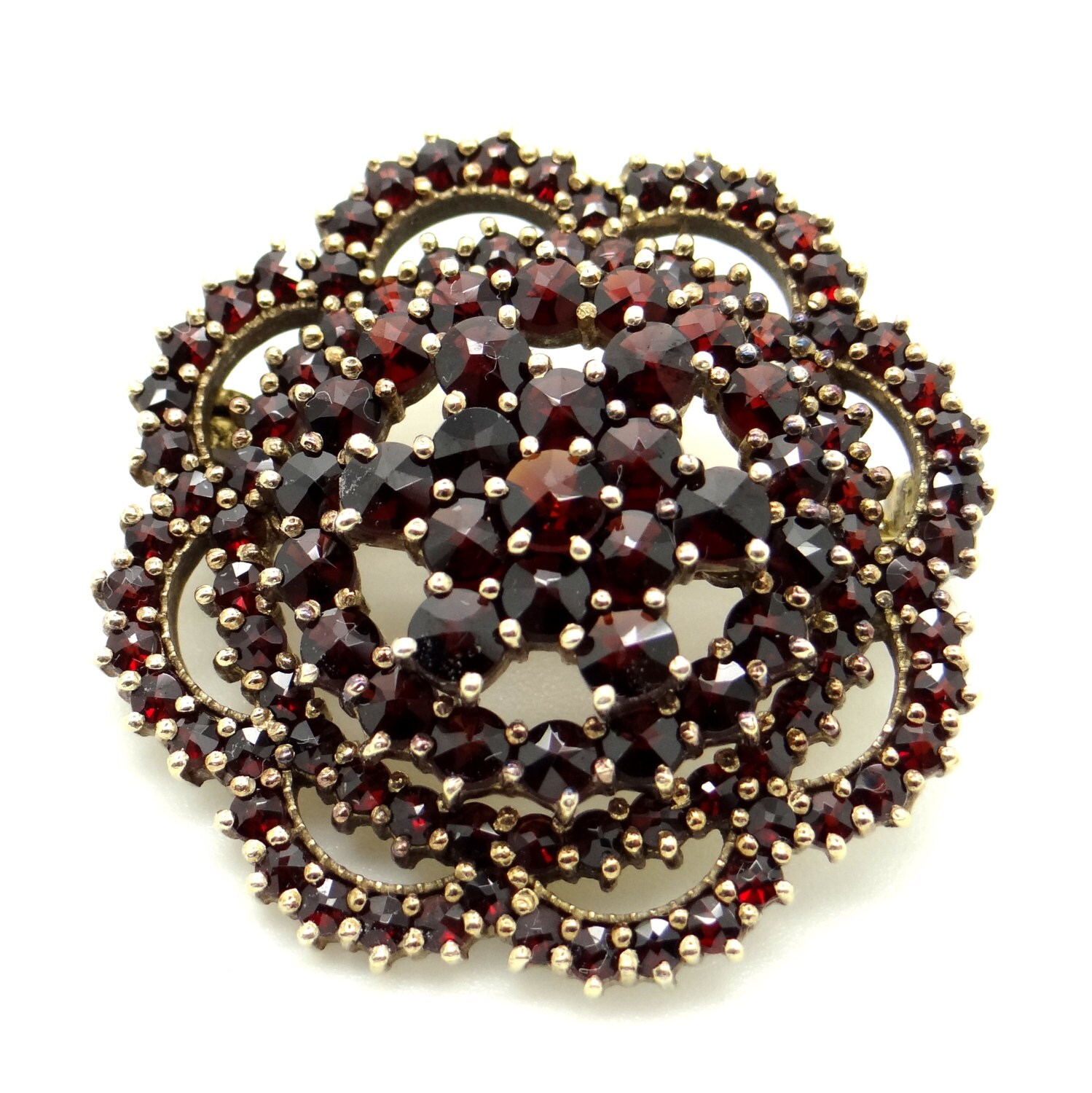 Antique Bohemian Brooch Rose Cut Red