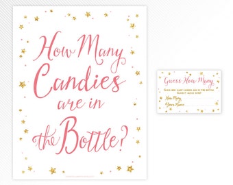 Pink and glitter Twinkle, twinkle, little star Guess how many candies ticket and sign - baby shower game printable - INSTANT DOWNLOAD