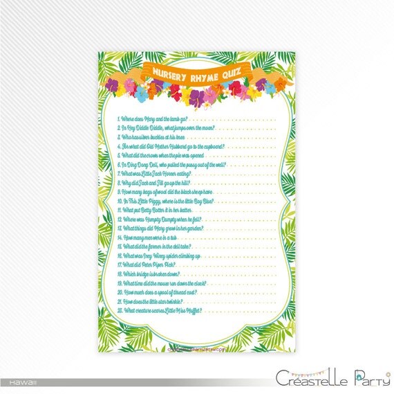 Hawaiian luau Nursery Rhymes Quiz tropical baby shower Hawaiian luau Nursery Rhymes Quiz tropical baby shower