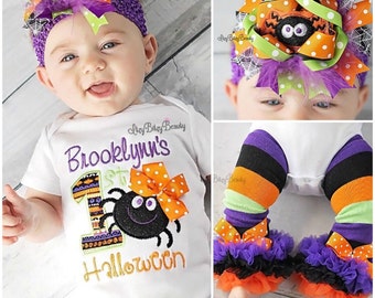 First Halloween Outfit - Baby Girls Spider Outfit - Headband - Ruffled Leg Warmers - OTT Halloween Outfit - My First Halloween - Girls