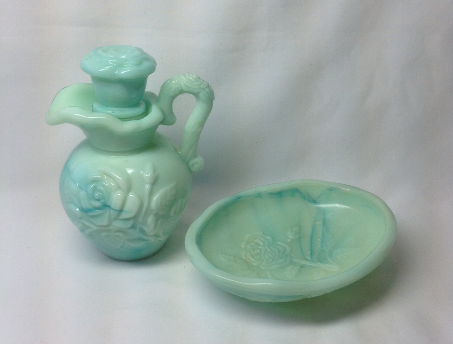 Vintage Avon Pitcher Soap Dish Bowl Jadeite Green Teal Marbled
