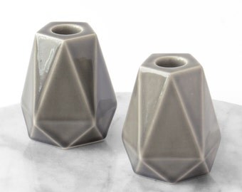 Ceramic gift Pair of gray geometric pentagon candlesticks, Modern Judaica, ceramic shabbat candle holders, holiday gift, Made in Israel