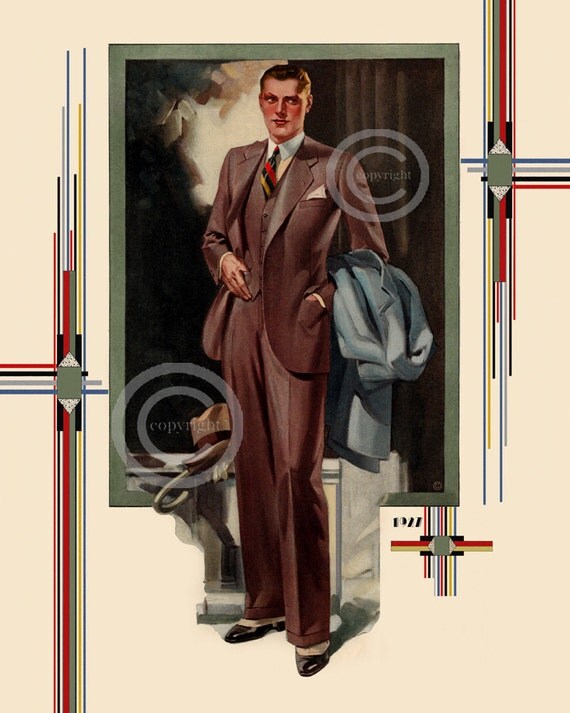 Art Deco Mens Fashion Print 1927 Man wearing Suit Vintage